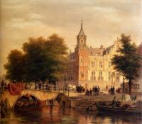 Bartholomeus Johannes Van Hove - A Sunlit Townview With Figures Gathered On A Square Along A Canal